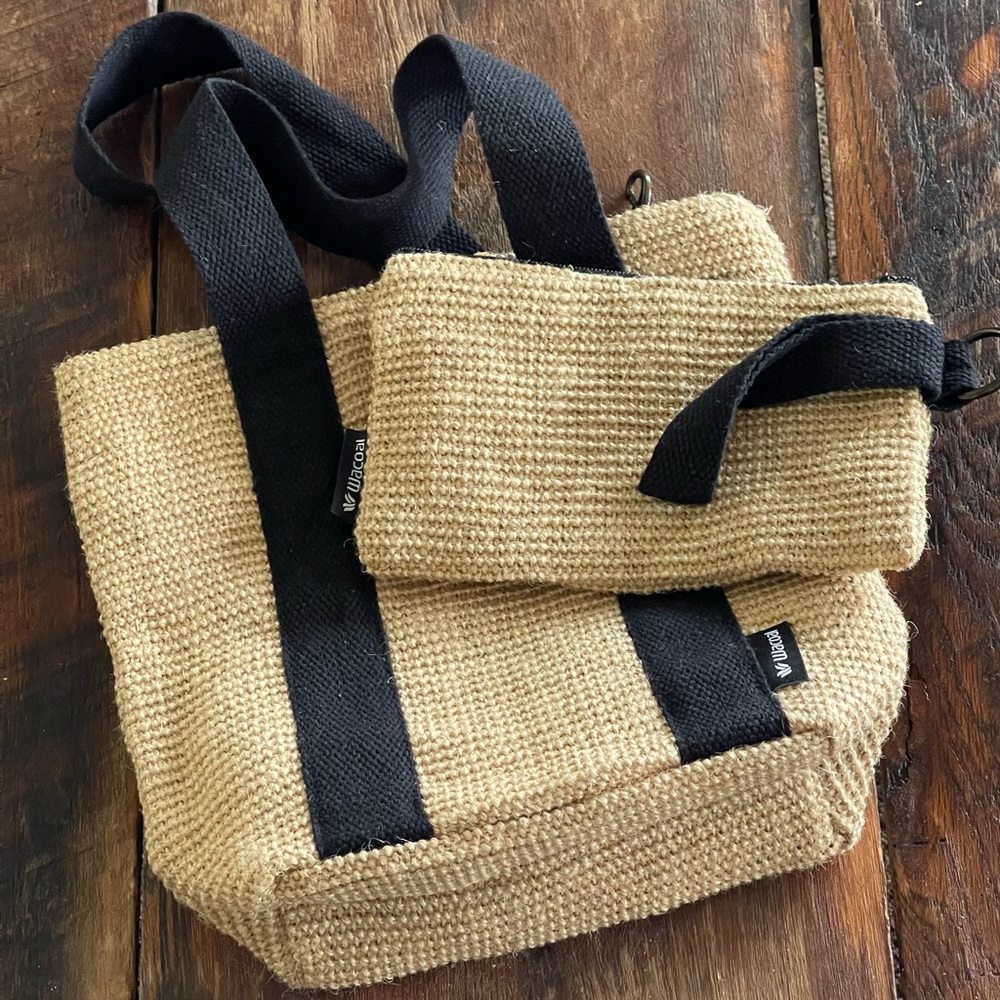 Wacoal Tan Woven Jute Cotton Tote Bag & Detachable Wristlet Double Black Straps - Picture 5 of 14